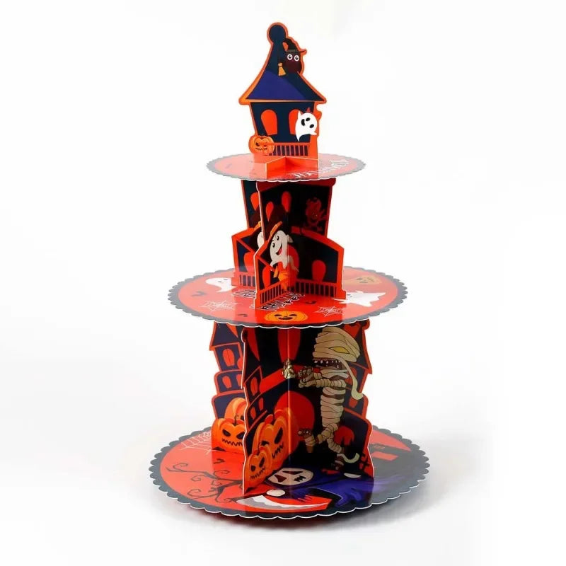Halloween Hand-folded Assembled Cake Stand Holiday Party Decoration Paper Three-layer Dessert Tray Decoration Oasis Select