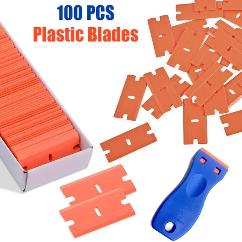 100 Pieces Two Cutting Plastic Razor Blade Label Clean Razor Glue Remover Window Glass Clean Scraper Car Wrap Sticker Squeegee Oasis Select