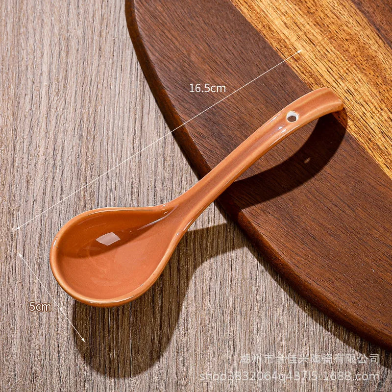 Japanese Underglaze Ceramic Soup Spoon, Everyday Ceramic Soup Spoon Ramen Long-handled Curved Spoon Tableware Oasis Select Brown