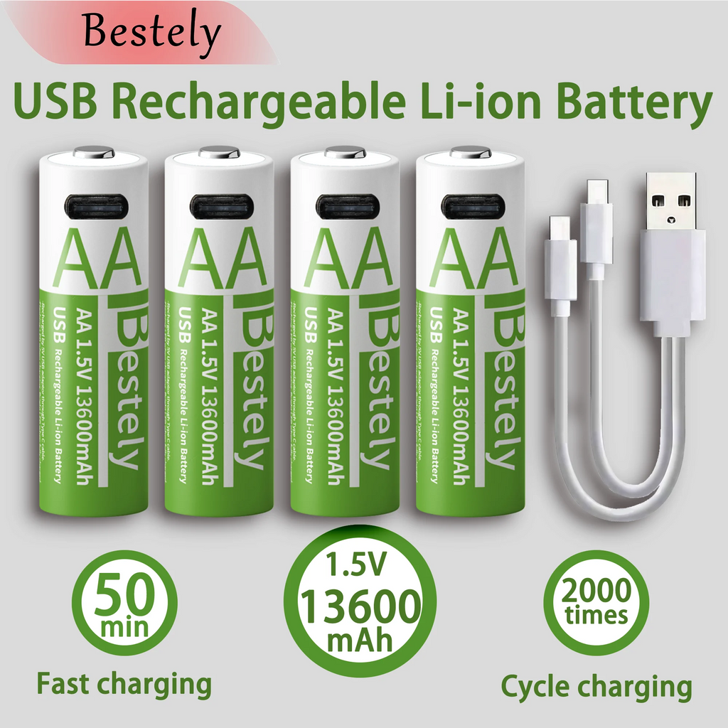 Bestely 1.5V 13600mAh USB AA Lithium ion Rechargeable Battery, Fast Charging Li-ion Akku , 2000 Cycle with USB- C Port Cables Oasis Select