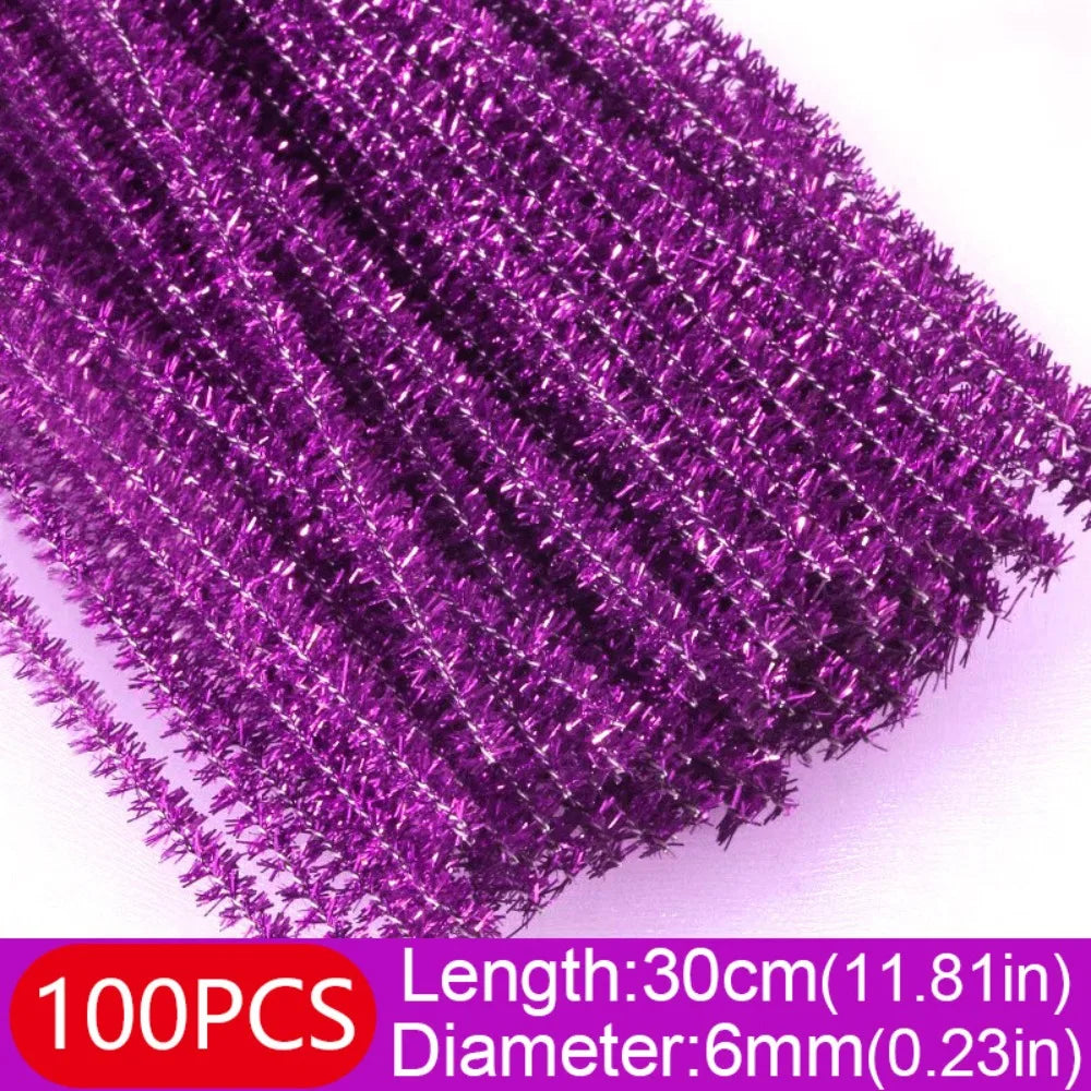 100pcs New 30cm Glitter Chenille Stems Wool Top Christmas DIY Craft Supplies Torsion Bar Tinsel Stems Oasis Select Purple