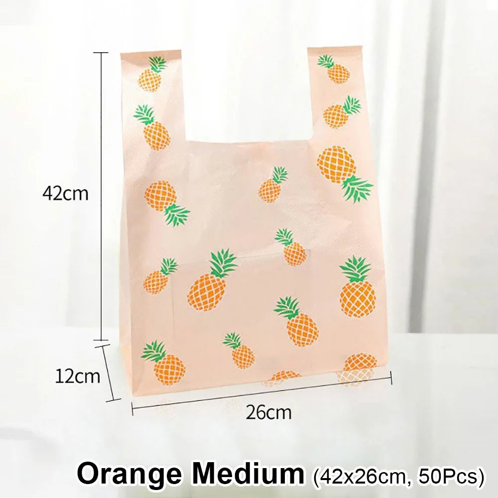 50Pcs Cute Fruit Plastic Bag Vest Bag Carry Out Bags With Handle Supermarket Shopping Takeaway Packaging Bag Home Storage Bag Oasis Select 50Pcs Orange M