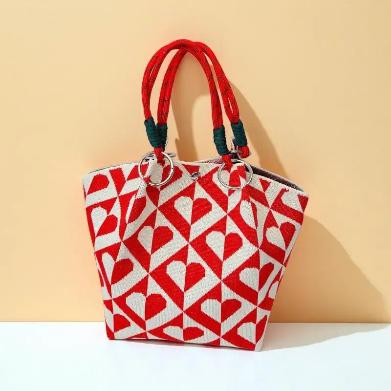 Women's Vintage Knit Tote Bag Storage Bag Lightweight With Metal Rings Snap Closure For Casual Travel Handbag Oasis Select D