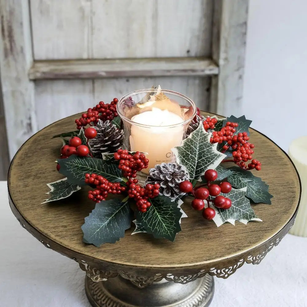 Christmas Candlestick Wreath Red Fruit Artificial Flowers Candle Ring Xmas New Year Table Decoration Candle Holder Garland Oasis Select B