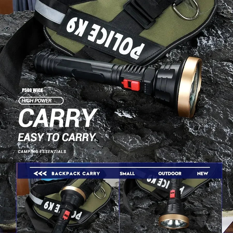 Big Strong Light LED Flashlight USB Rechargeable Tactical Hunting Camping Lantern Built in Battery Flash Light Power Display Oasis Select