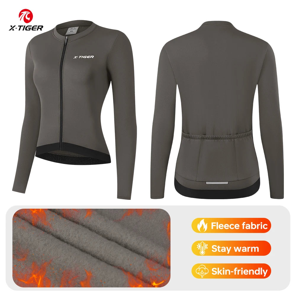 X-TIGER Winter Cycling Jersey Woman Warm Cycling Jacket Long Sleeve Jersey Full Zipper Female Mountain Road Bicycle Clothes Oasis Select Brown XL