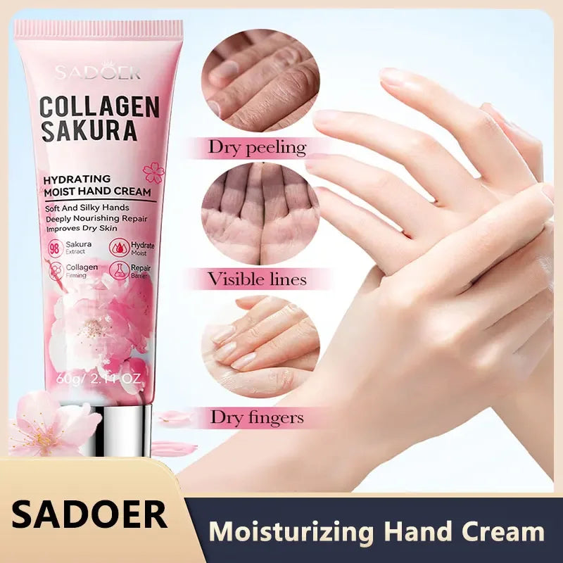 SADOER Sakura Collagen Hand Cream Moisturizing & Nourishing, Brightening Care, Anti-Wrinkle Anti-Crack Cream for Hands 60G Oasis Select