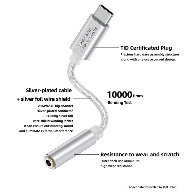 JCALLY JM12 Digital Audio Adapter DAC Chip KT02H20 Hi-Fi Audio Decoder Type-C to 3.5mm Earphone Amplifier 32bits/384KH DSD128 Oasis Select