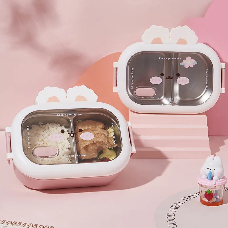 950ml Cute Rabbit Lunch Box Stainless Steel 2 Grid Bento Box Buckle Design Sealed and Leak-proof Portable Food Storage Container Oasis Select