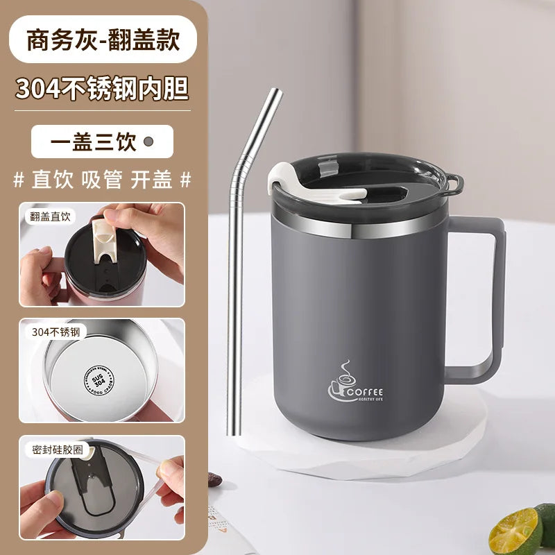 304 Stainless Steel Mug with Lid & Straw, Double-Layered, Suitable for Milk and Coffee, Office Cup with Handle, and Tea Infuser Oasis Select Grey 430ml