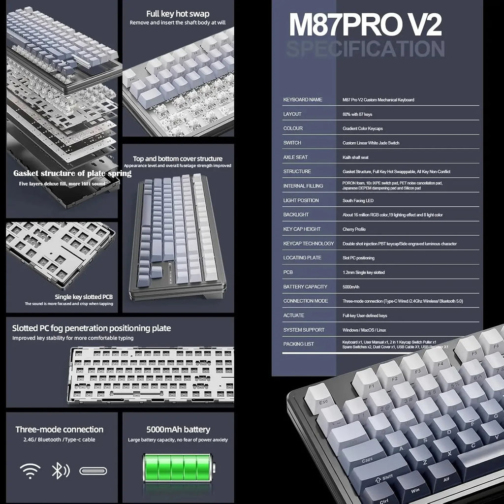 ATTACK SHARK M87Pro V2 Wireless Mechanical Keyboard - Tri-Mode (BT/2.4G/USB-C) Hot-Swappable TKL, 5000mAh RGB Backlit Oasis Select