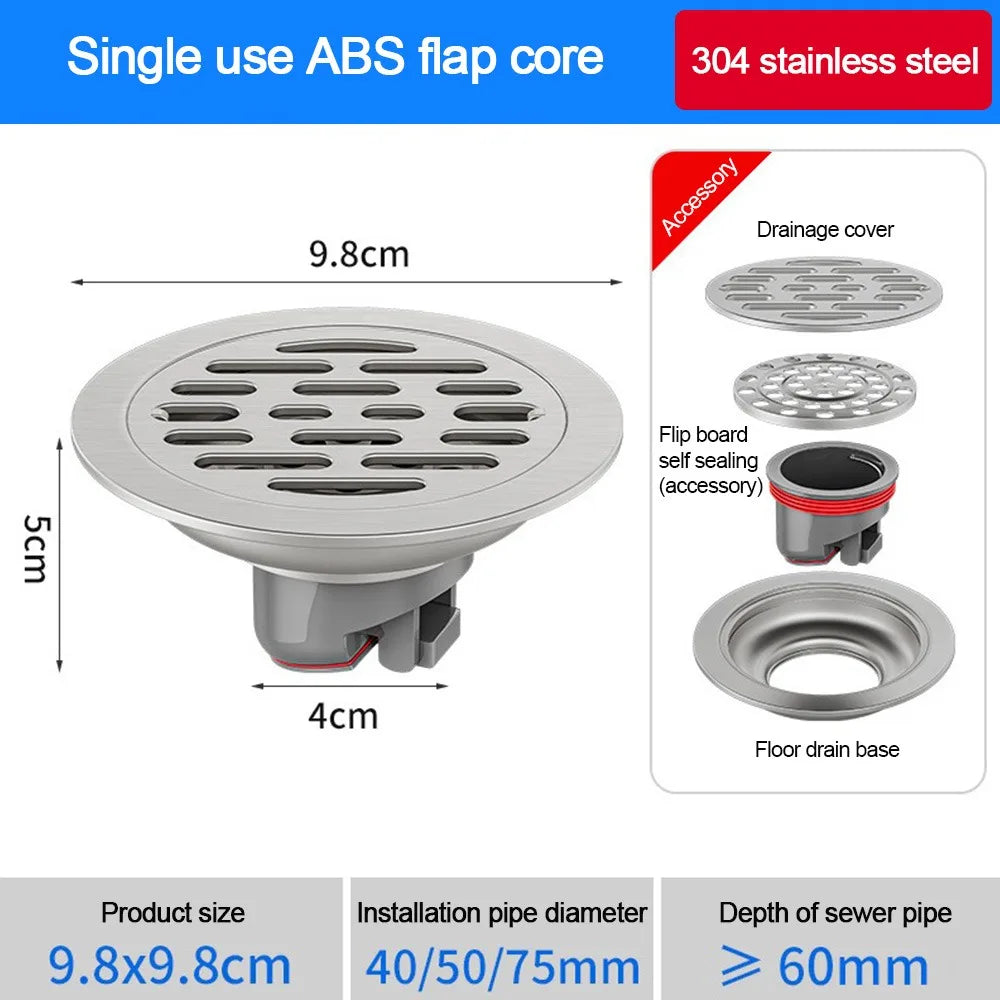 With Grid Grate Cover Shower Floor Drain 304 Stainless Steel Round Sink Strainer Anti-odor Backflow Preventer Sewer Drain Filter Oasis Select Type1-plastic core