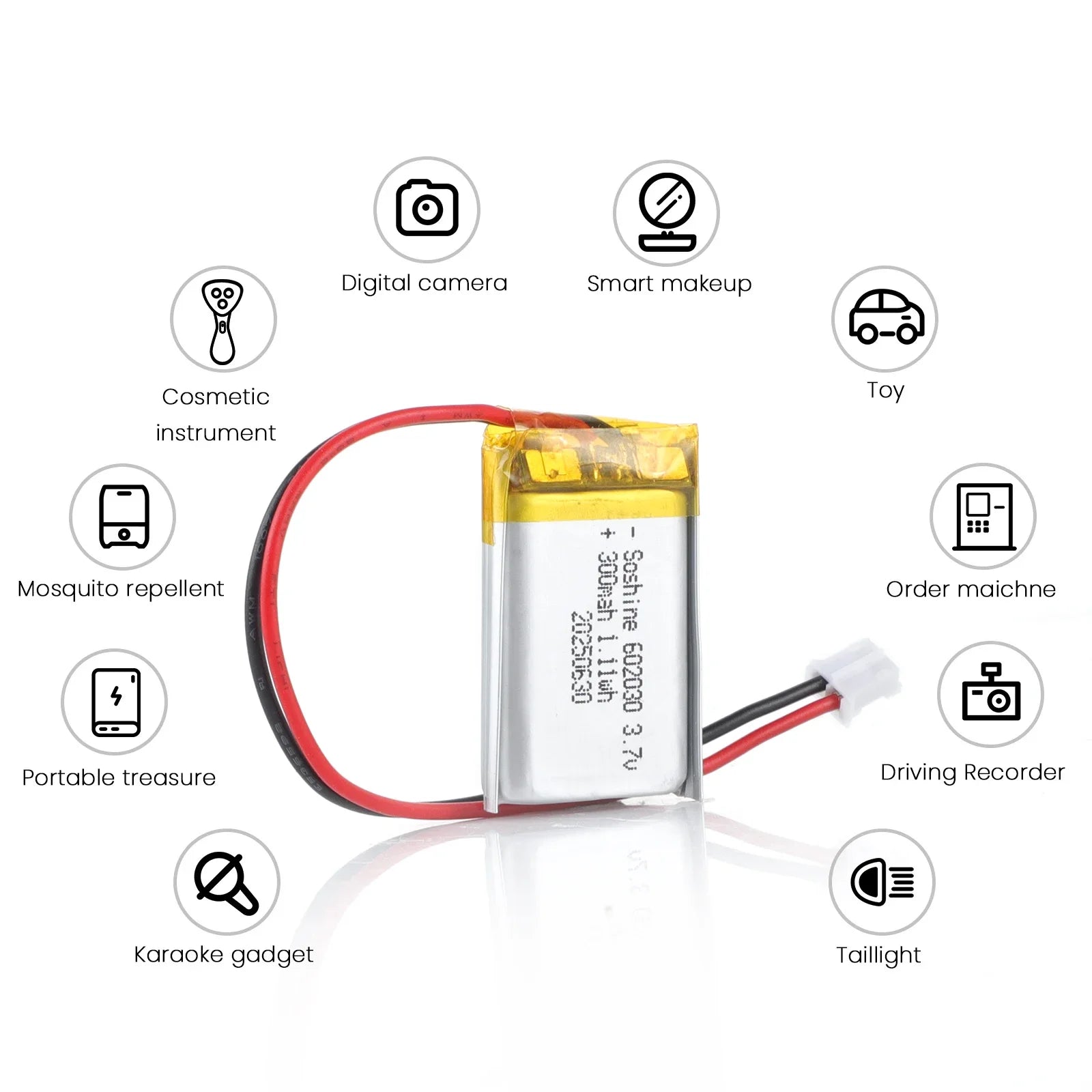 patozm 602030 300mAh Lithium Rechargeable Battery 3.7V Li-ion Polymer Battery for Bluetooth Headset Speaker Monitor Self-Timer Oasis Select