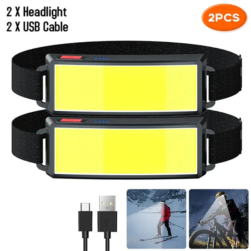 Powerful COB Headlamp Portable Rechargeable Head Flashlight Built-in Battery Outdoor Fishing Camping Lantern Waterproof Torch Oasis Select 2 PCS