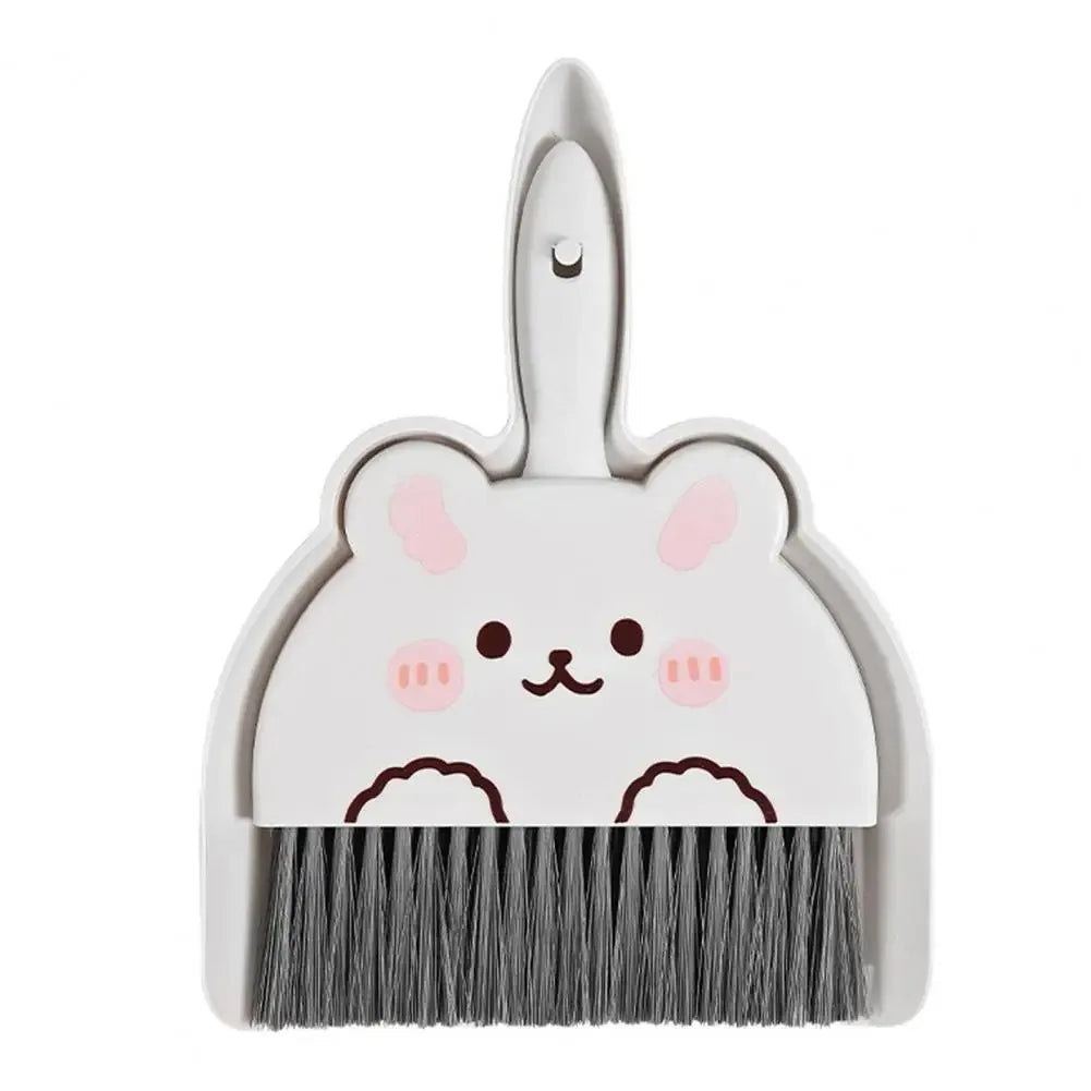 2Pcs/Set Small Broom Dustpan Set Cartoon Rabbit Bear Frog Pattern Keyboards Cleaning Mini Broom Dustpan Set Oasis Select White