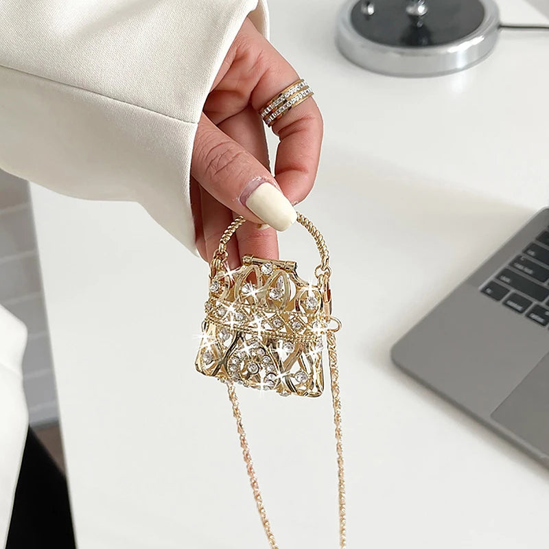 Gold Silver Rhinestone Mini Bag Women's Single Shoulder Crossbody Chain Bag Handbag Body Decoration Metal Hollow Shell Bag Oasis Select