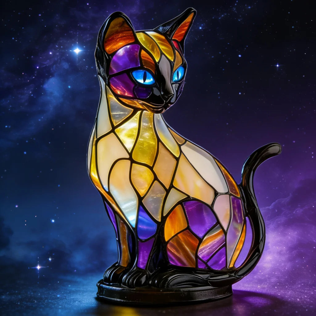 Cute Cat Lamp Stained Glass Retro led Stained Resin Tabletop Night Light bedroom Atmosphere Lights Gift For Dog Cat Lovers Oasis Select