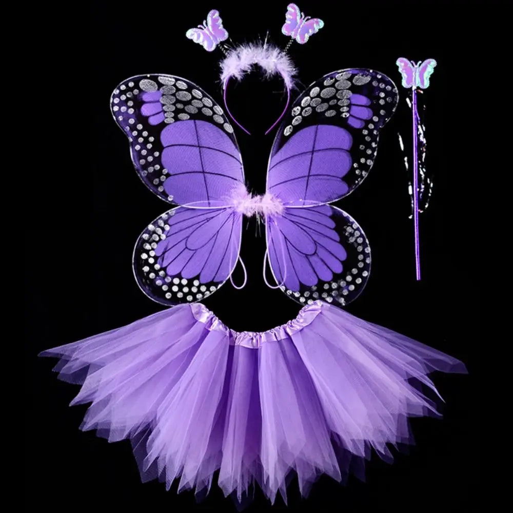 Simulation Butterfly Wings Pointed Tutu Skirt Headband Wand Adult Kids 3/4Pcs Fairy Costume Set Princess Girls Party Gift Oasis Select Purple-4 pcs-set