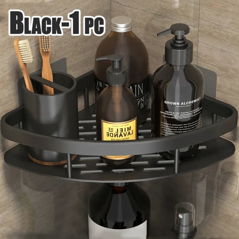Bathroom Shelf Kitchen Storage Organizer Aluminum Alloy Shampoo Rack Shower Shelf Bathroom Accessories No Drill Shelf Oasis Select StyleA-Black-1PC