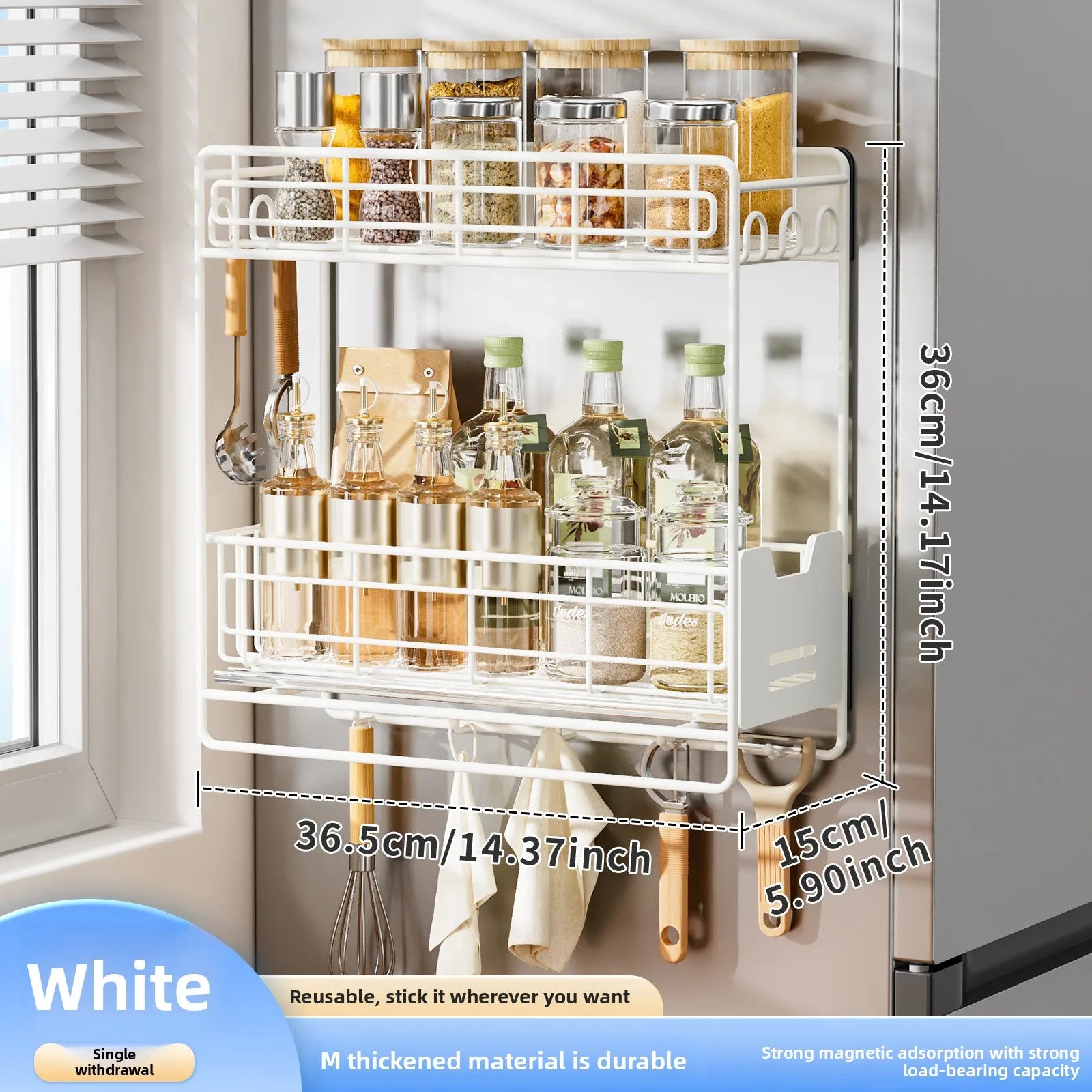 Kitchen, refrigerator rack, pullable refrigerator rack, washing machine hanger, magnetic seasoning, plastic wrap storage rack Oasis Select White