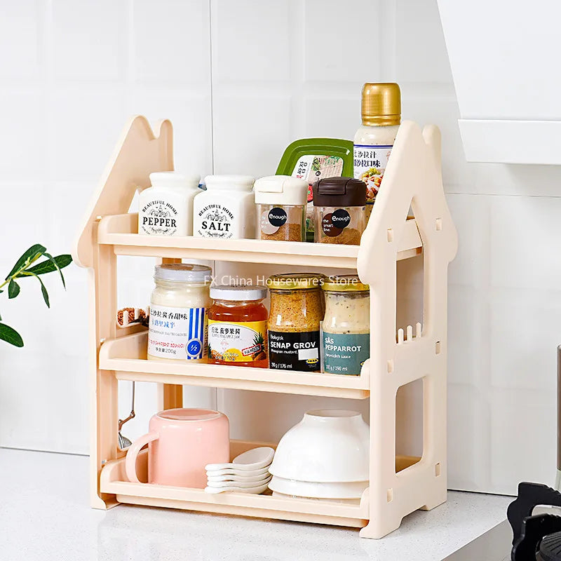 Small House Style 2/3 Layer Kitchen Spice Rack Organizer Plastic Condiment Bottle Shelf for Counter/Bathroom/Desktop Oasis Select