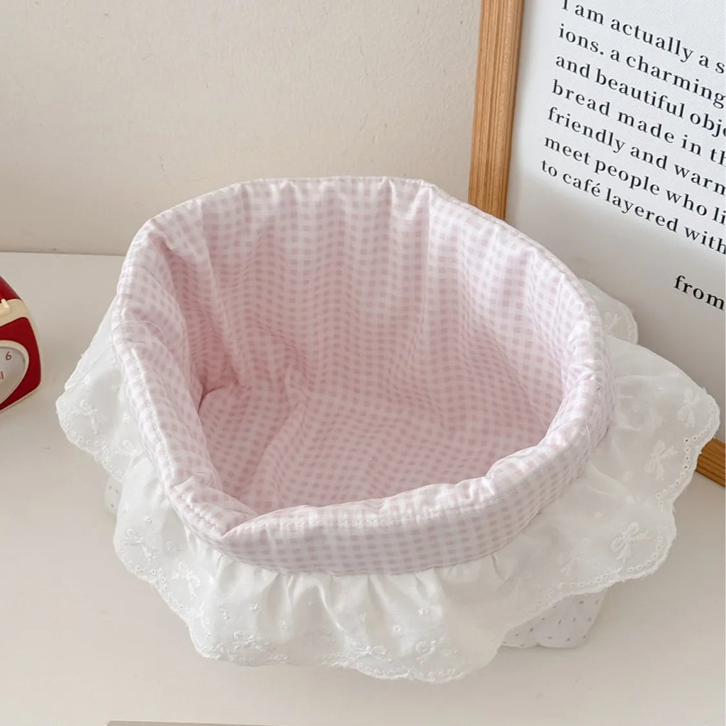 Polka Dot Ruffled Storage Foldable Quilting Cotton Cloth Storage Basket Oval Lace Storage Box Pink Dots Desktop Storage Basket Oasis Select