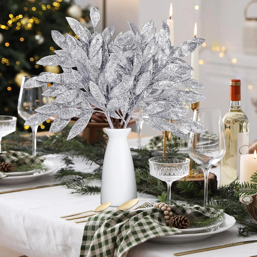 1pcs Glitter Bay Leaf Stems Artificial Christmas Spray Picks Fake Floral Leaf Branches Wired Stem Decor For Christmas Tree Oasis Select