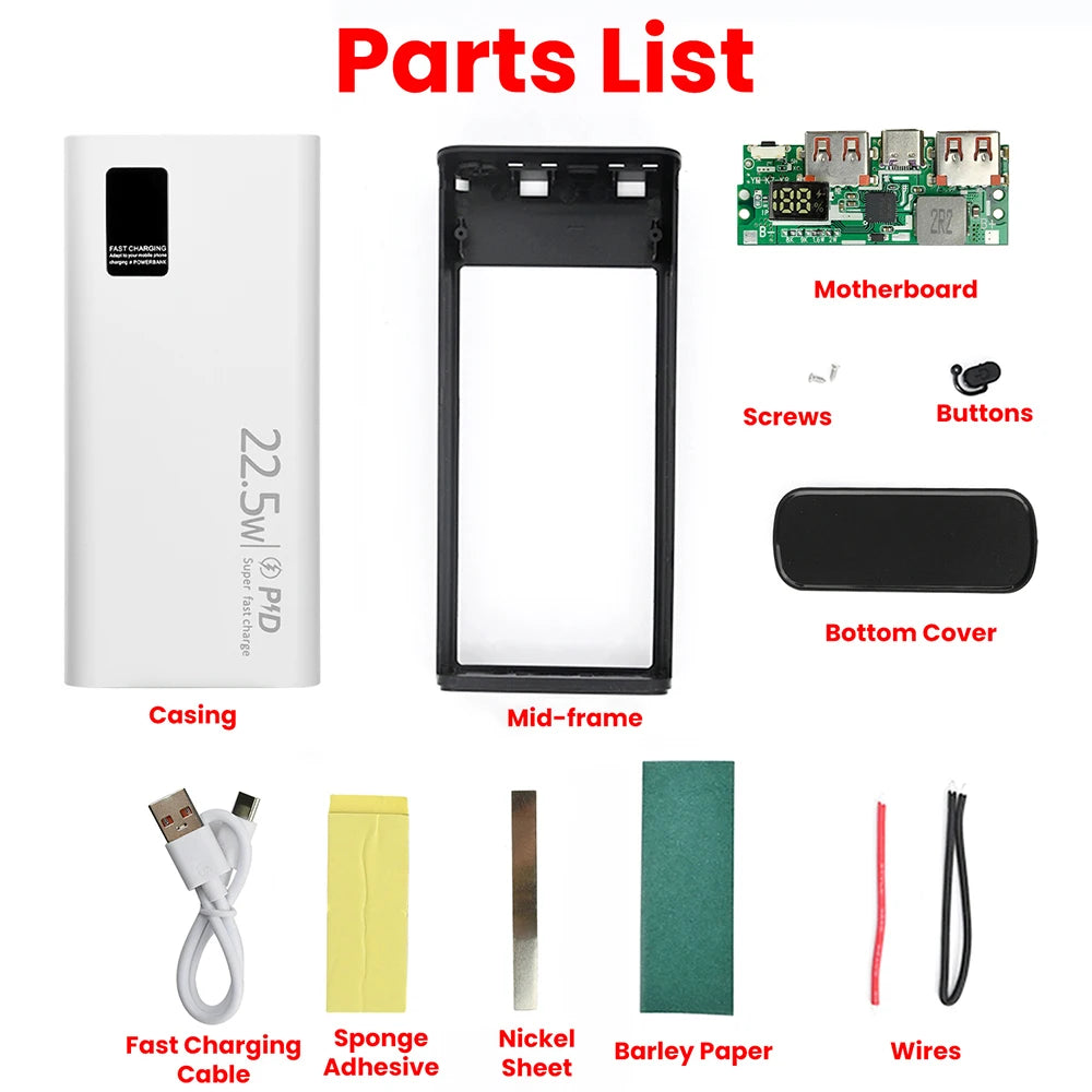 22.5W Fast Charging Power Bank DIY Kit 1260110 Battery Case Power Bank Type C Supports PD/QC/VOOC 20000mAh Power Bank Case Oasis Select White Kit