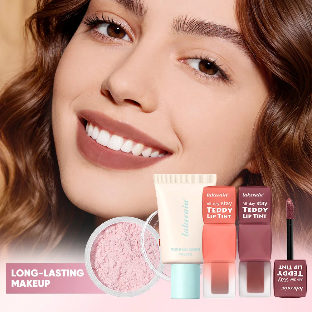 4pcs/set Pore No More Primer + Lip Tint + Loose Setting Powder Makeup Set Matte Long-Lasting Waterproof Effect Travel Portable Oasis Select