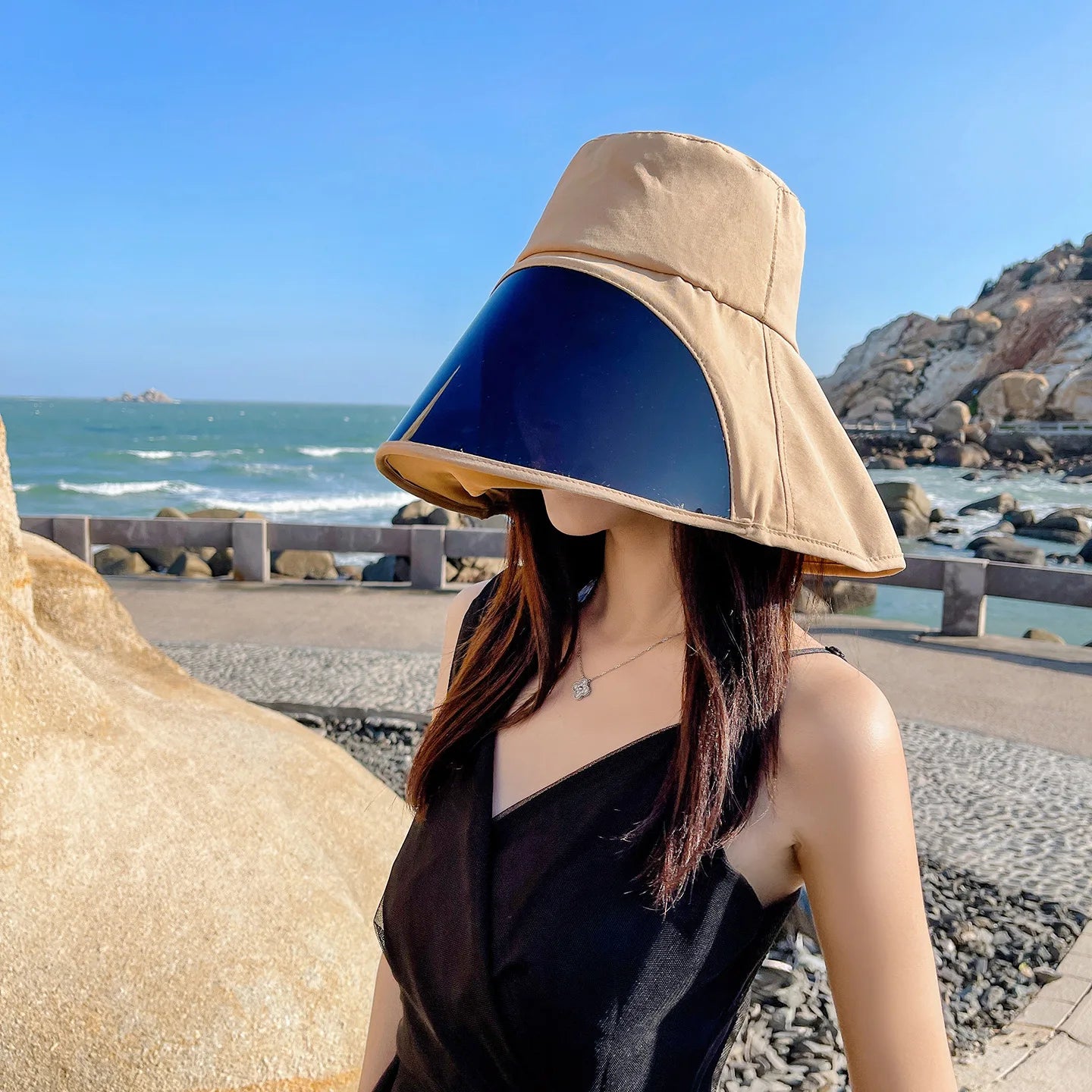 Wide Brim Full Face Cover Bucket Hat for Women Summer Beach Sun Hat with UV Protection Visor Flap Fisherman Cap Outdoor Sports Oasis Select Khaki M 56-58cm