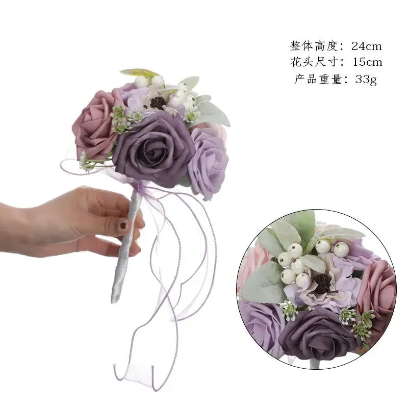 Bridesmaid Gold Hoop Bouquet for Wedding Bridal Shower Ceremony Artificial Rose Flower Hoop Wreath Front Door Wall Decoration Oasis Select C-Light Purple