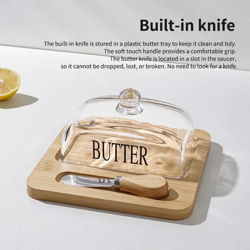 Wooden butter dish glass lid cheese box Butter cheese dessert plate cake dessert table display stand Oasis Select