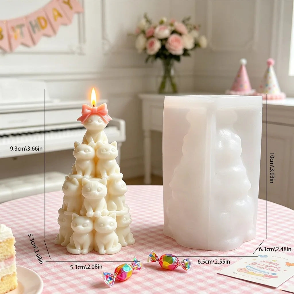 3D Stacked Cats Tower Silicone Mold Cute Bow Cat Shape Mold for DIY Candle Plaster Home Decoration Crafts Oasis Select