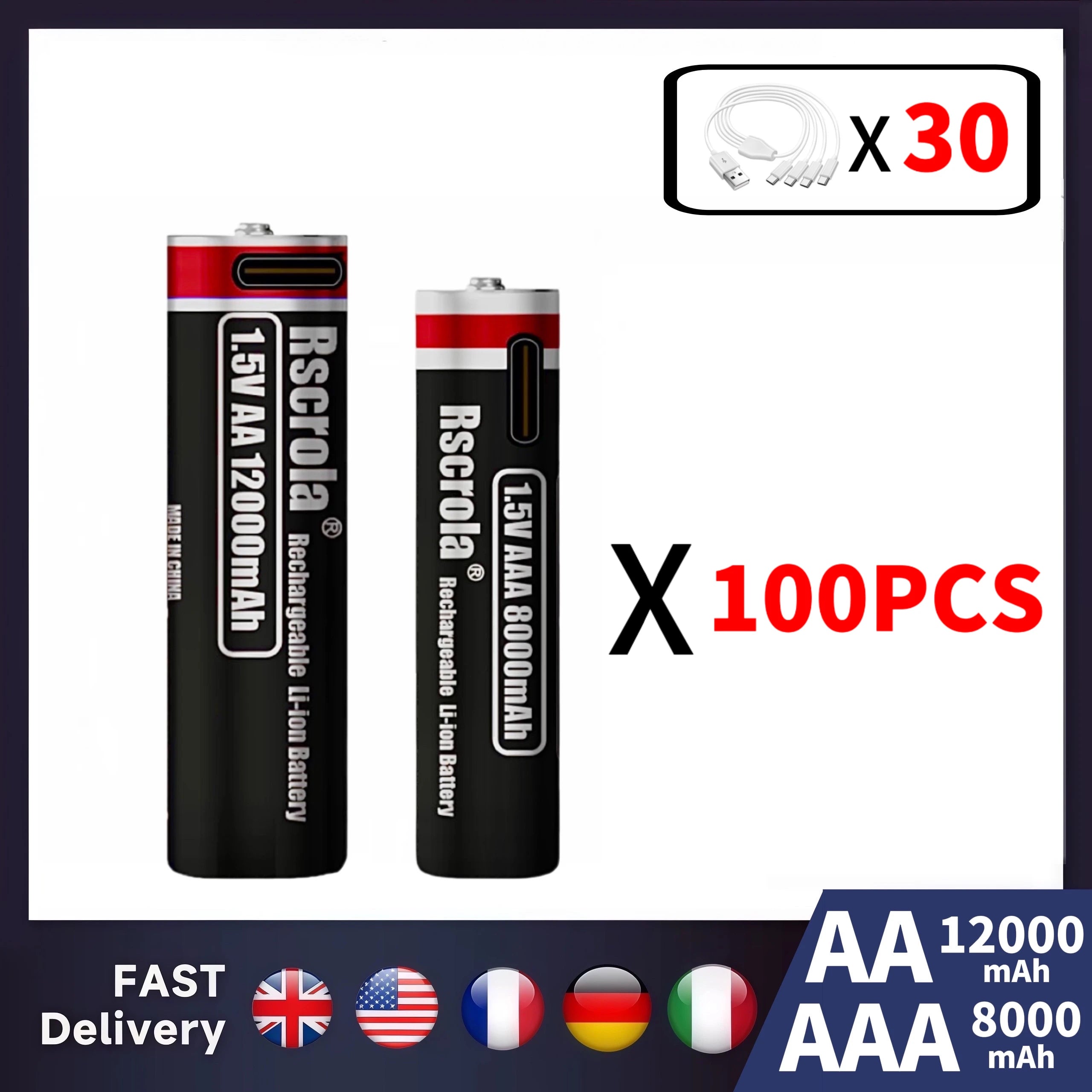 New 1.5V Li-ion AA12000mAh&AAA 8000mAh Rechargeable Batteries USB Lithium-ion Suitable for mouse, flashlight, keyboard monitorin Oasis Select 100AA-100AAA 1.5V