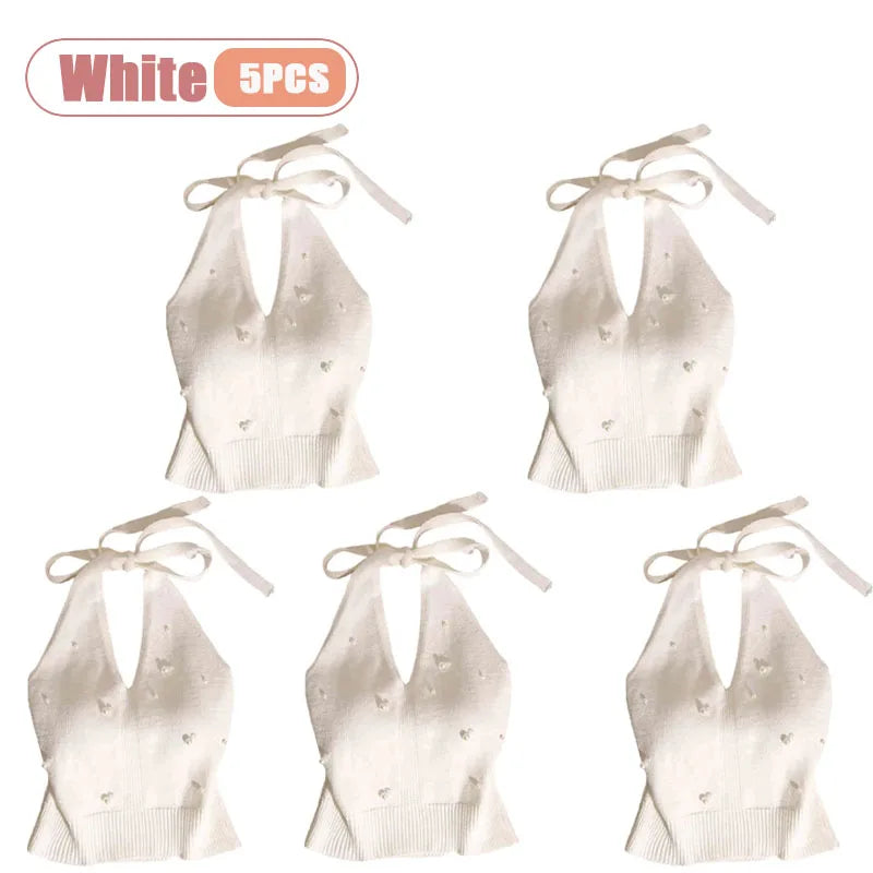 1-10PCS Beaded Halter Top for Women Sexy Backless Sleeveless Knit Cami Slim Fit Layering Outwear Summer Clothes Oasis Select White-5PCS One Size