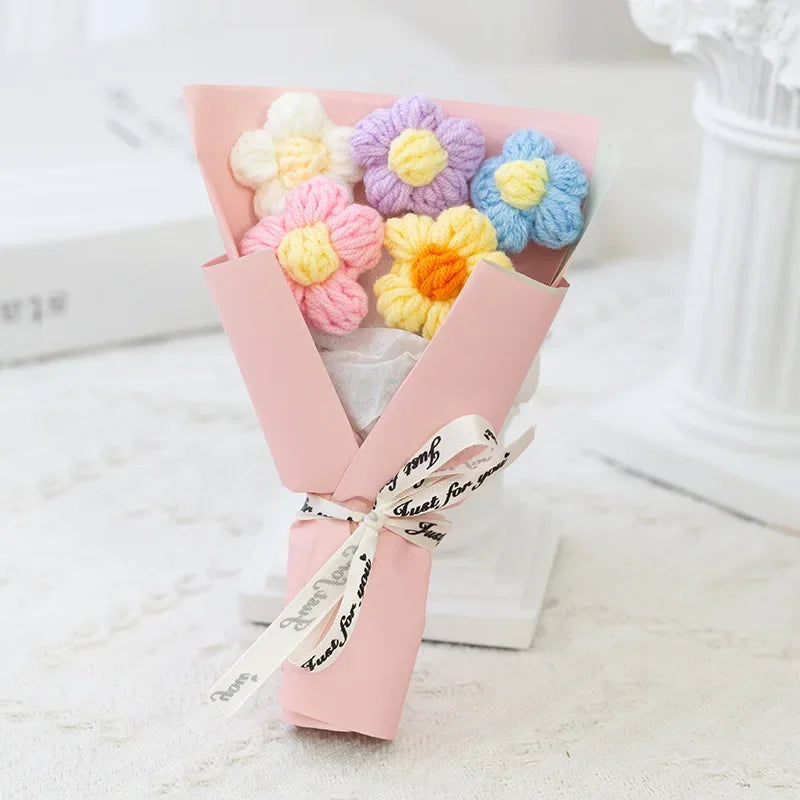 DIY Handwoven Knitted Flowers Bouquet Artificial Flower Knitted Woolen Flowers Woven Birthday Valentine's Day Gift Home Decor Oasis Select Pink
