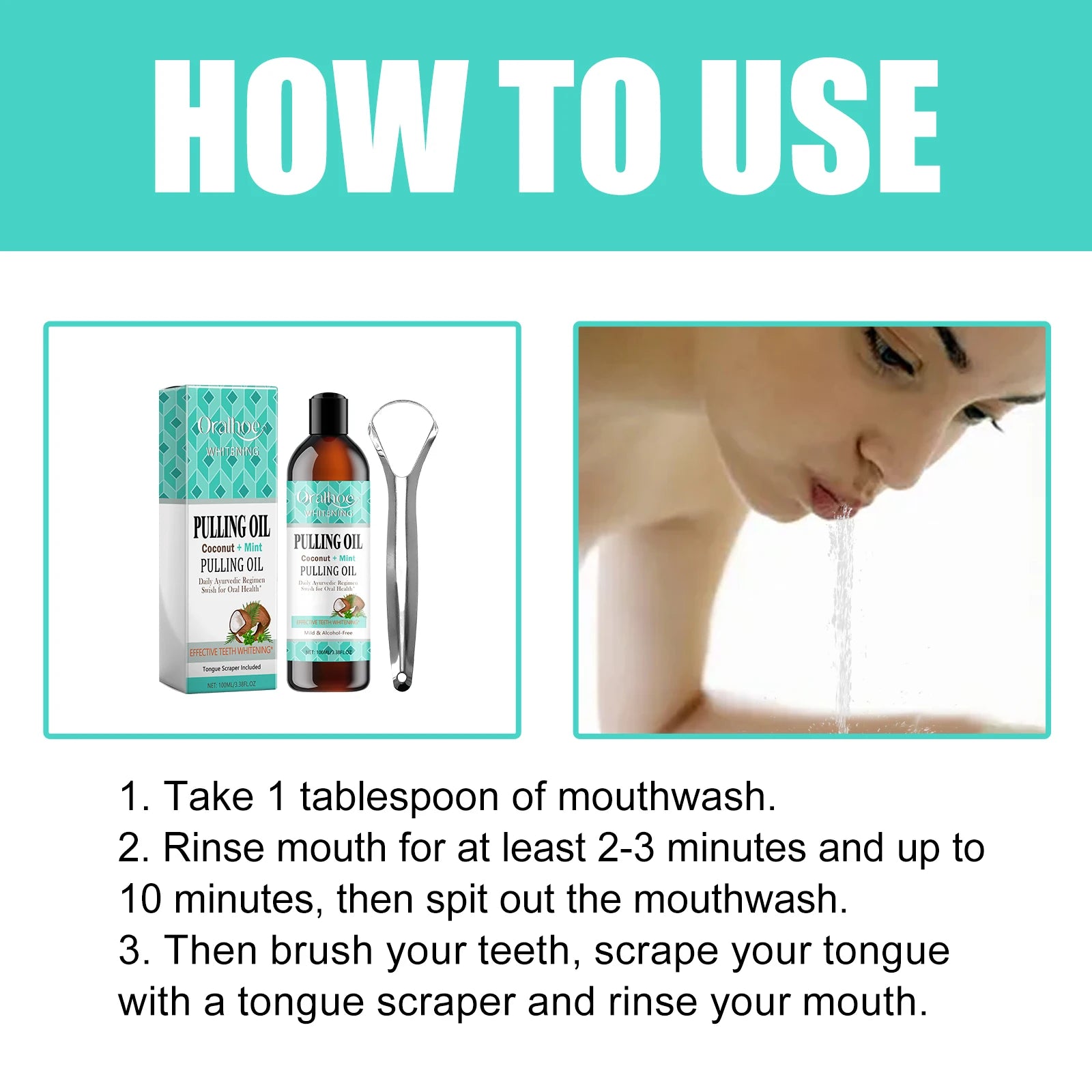 Coconut Mint Pulling Oil Mouthwash Kit With Tongue Scraper Fresh Oral Breath Odor Removal Alcohol-Free Whiten Tool Mouth Care Oasis Select