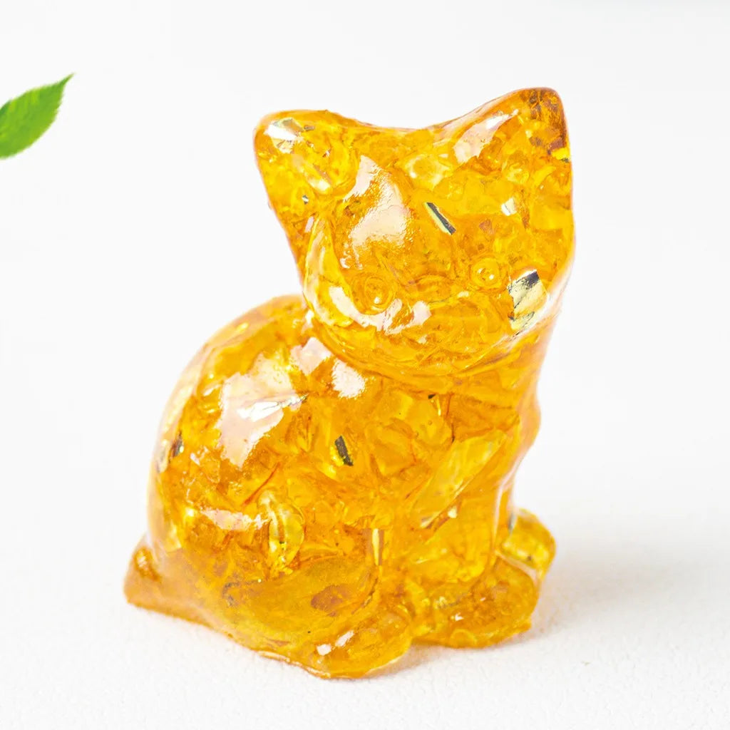 Natural Crystal Gravel Resin Sitting Turning Face Cat Figurine With Gold Foil Cute Desktop Decor For Home Office Oasis Select Golden Yellow