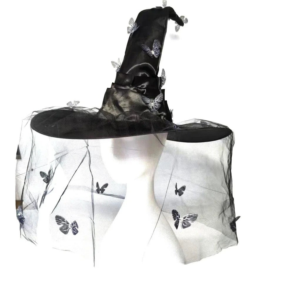 Halloween Witch Hat Butterfly Mesh Folds Hats Masquerade Party for Kids Adult Women Men Cosplay Props Costume Accessories Oasis Select Black