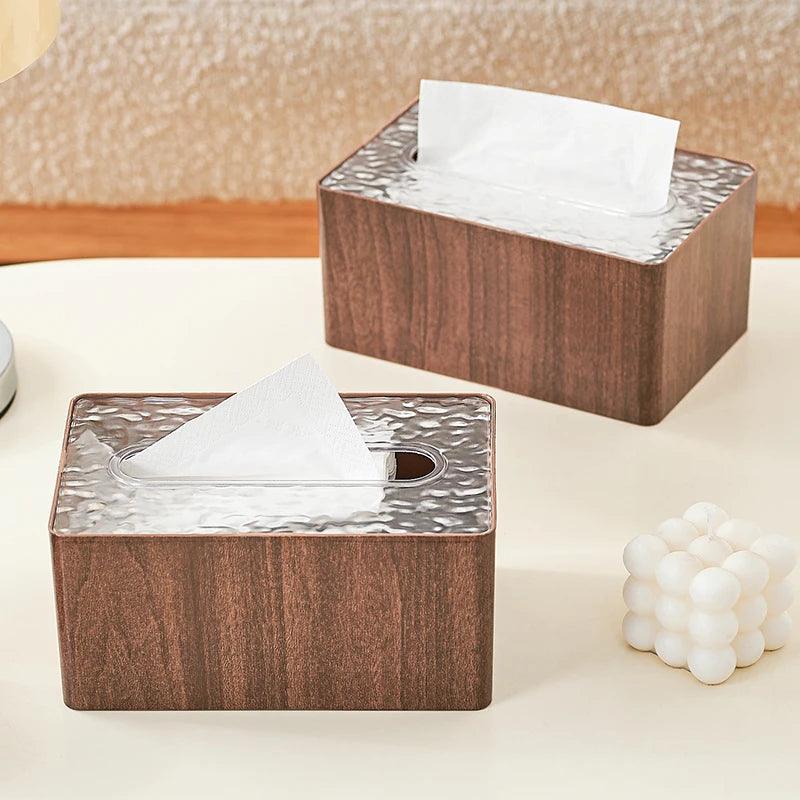 Wood Grain Tissue Box Cover with Acrylic Lid, Tissue Box Cover Rectangle for Living Room, Tissue Box Household Paper Towel Oasis Select