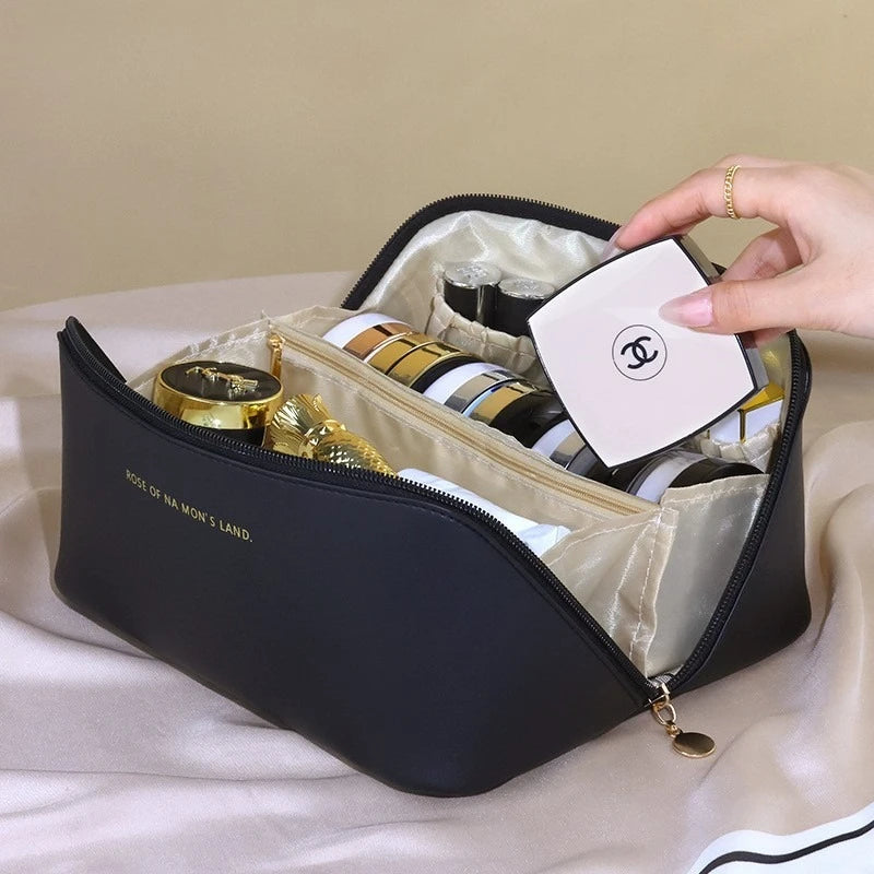 Large-Capacity Travel Cosmetic Bag Portable PU Makeup Pouch Women Waterproof Bathroom Wash Handbag Multi-functional Oasis Select black