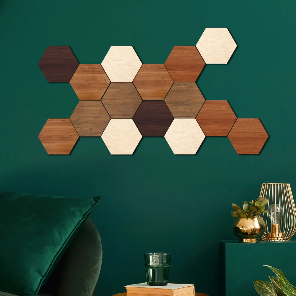 Creative Three-dimensional Combination Hexagonal Wooden UV-printed Wall Stickers for Home Background Wall Decoration Oasis Select