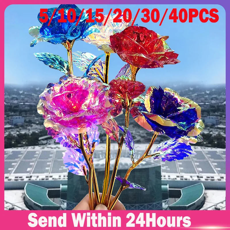 5pcs Colorful Luminous Rose Artificial Led Light Flower Gold Foil Rose Rainbow Simulation Bouquet Without Gift Colgifts For Girl Oasis Select