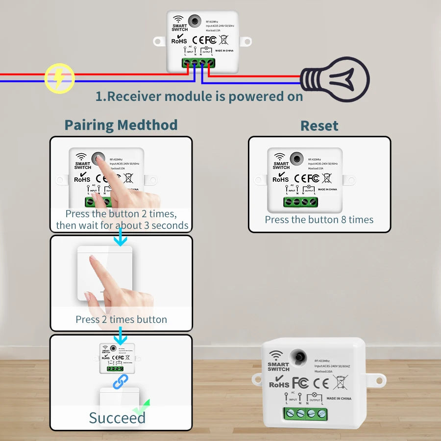 433MHz Wireless Wall Switch 1/2/3 Gang + RF Remote 110V/220V Wireless RF Wall Switch Oasis Select