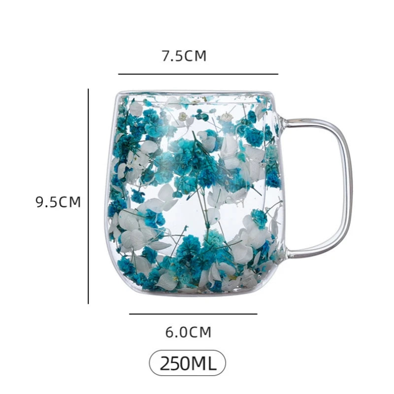 250ml Double-Walled Glass Cup with Handle High Borosilicate Reusable Coffee Mug, Built-In Floral Design for Hot & Cold Beverages Oasis Select
