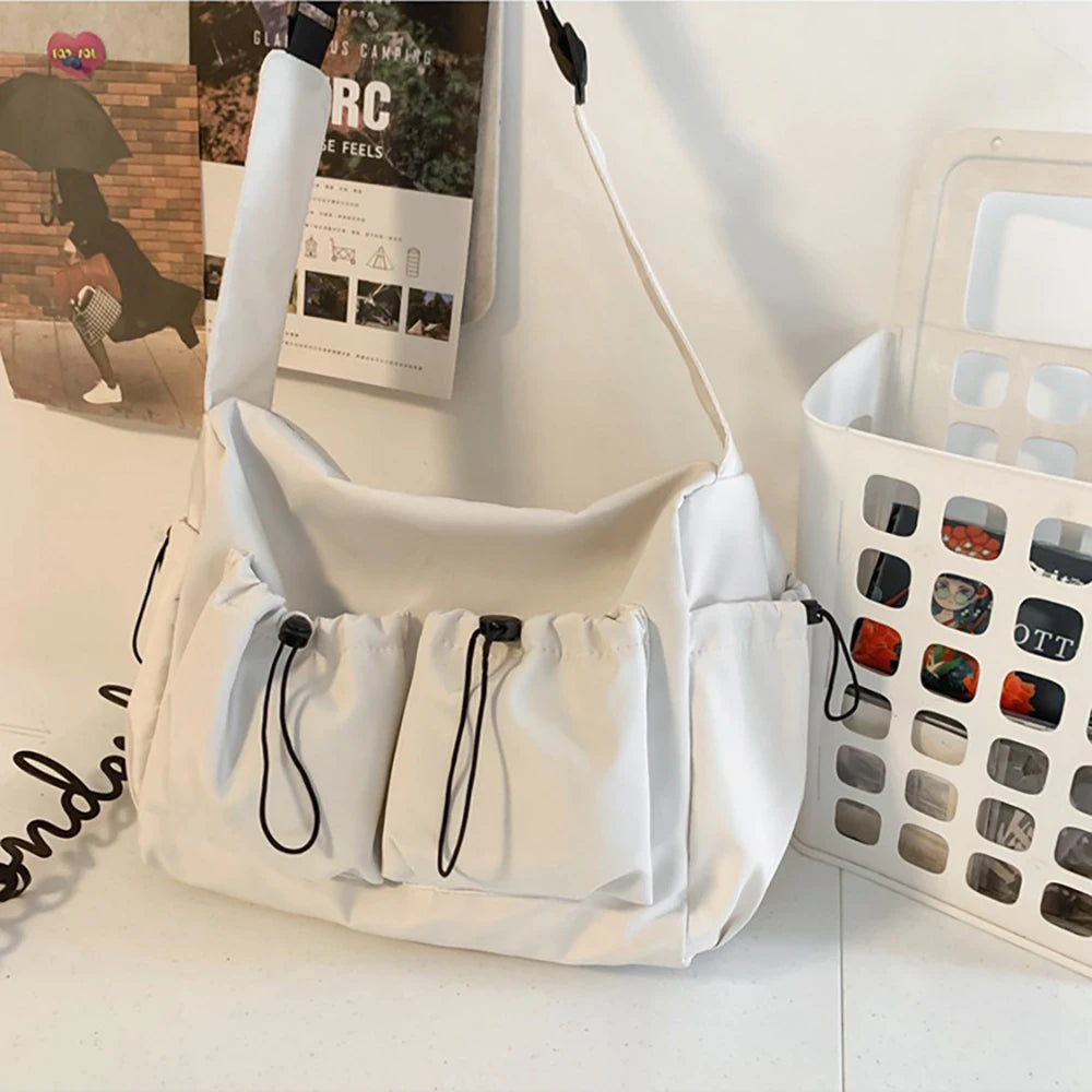 Drawstring crossbody bag, large capacity shoulder bag, fashion zipper bag, men's and women's universal, applicable to school Oasis Select Ivory