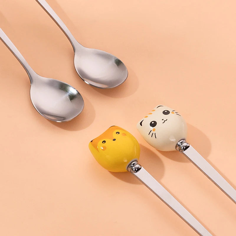 Stainless Steel Coffee Dessert Spoons with Long Cat Handle Cartoon Ice Cream Stirring Spoon Ceramic Kitchen Flatware Oasis Select