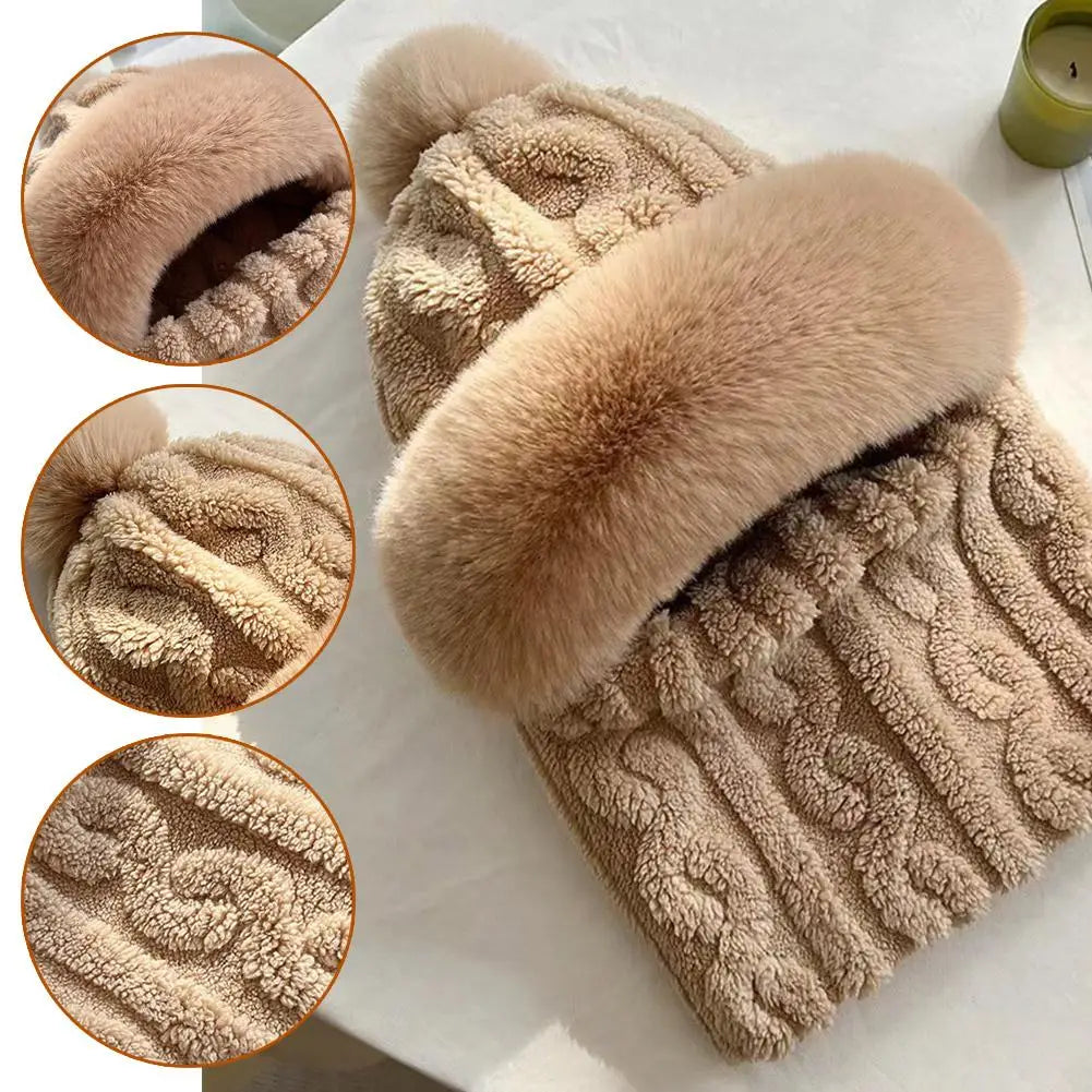 Winter Scarf Set Hooded Hat Set Women Plush Neck Warm Russia Outdoor Skiing Caps Windproof Plush Hat Thick Plush Fluffy Beanies Oasis Select