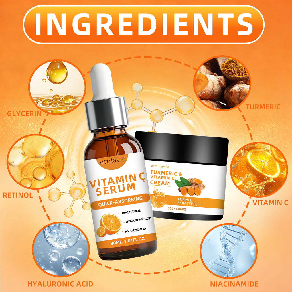 Ottilavie Turmeric & VC Cream+Serum Skincare Duo Set, ace/Neck/Body,Unisex,All Skin Types, Lightweight Daily,Non-greasy Oasis Select