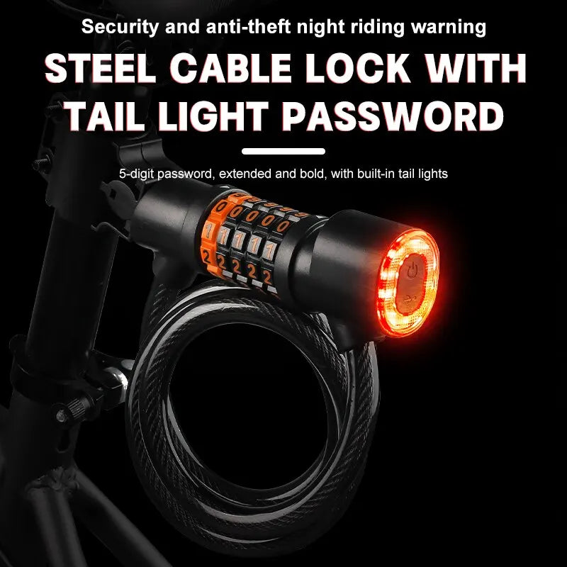 Bicycle Lock with Tail Light 5-Digit Security Password Bike Lock Steel Cable Chain Anti-theft Bicycle Bike Accessories Oasis Select